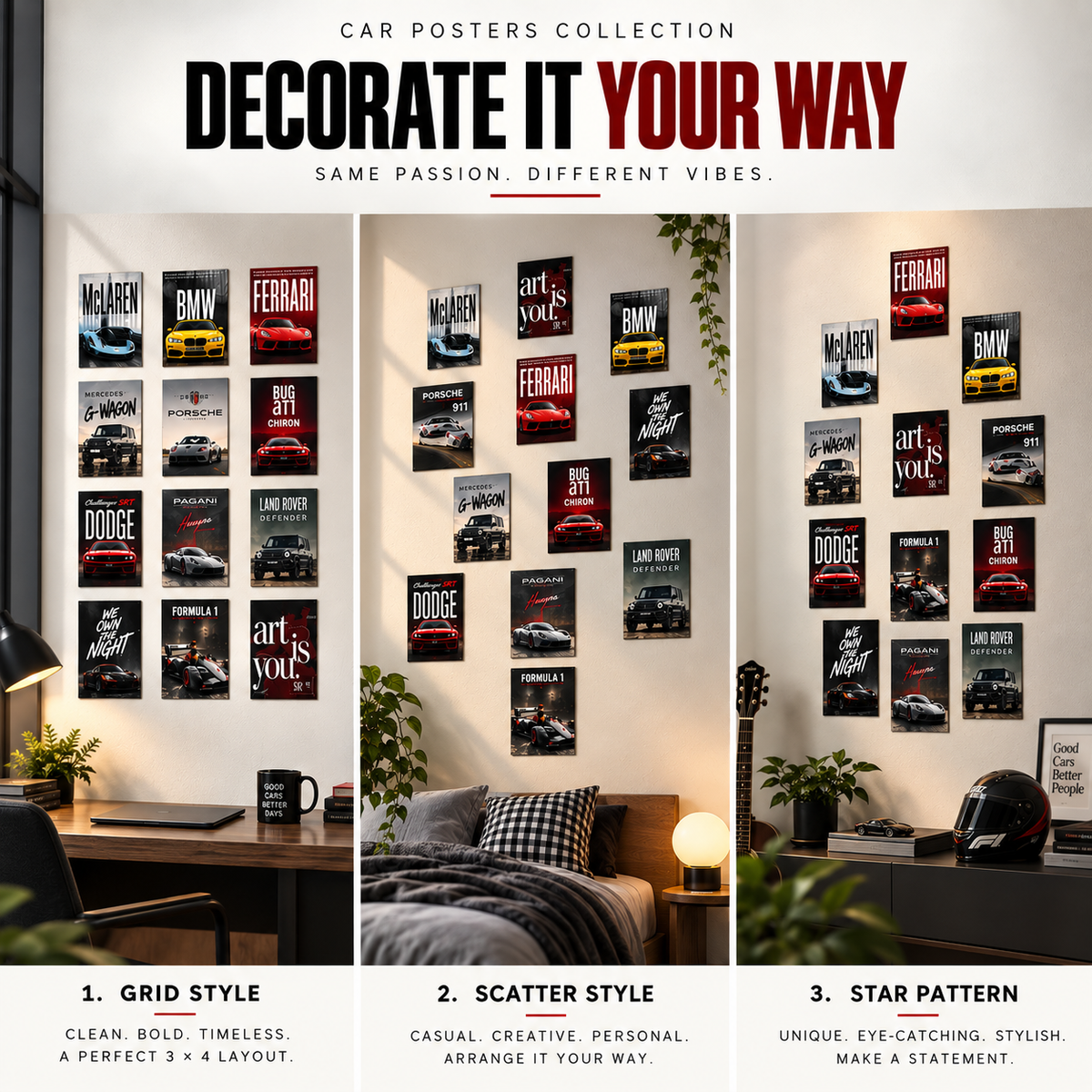 12 Pcs - Car Posters Bundle for Wall Decoration | 4 x 6 Inch Mini Car Prints - Assorted Cars 1