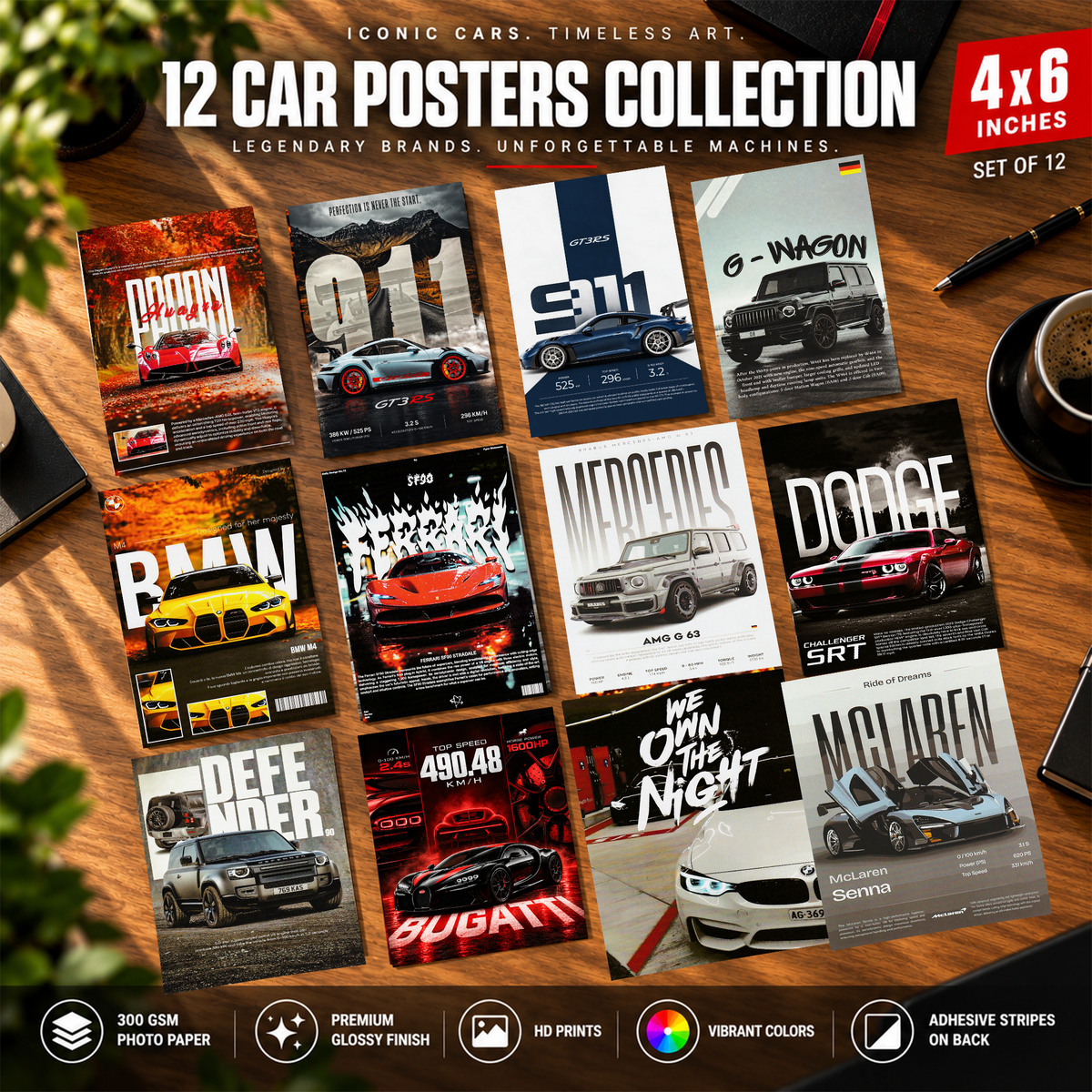 12 Pcs - Car Posters Bundle for Wall Decoration | 4 x 6 Inch Mini Car Prints - Assorted Cars 1