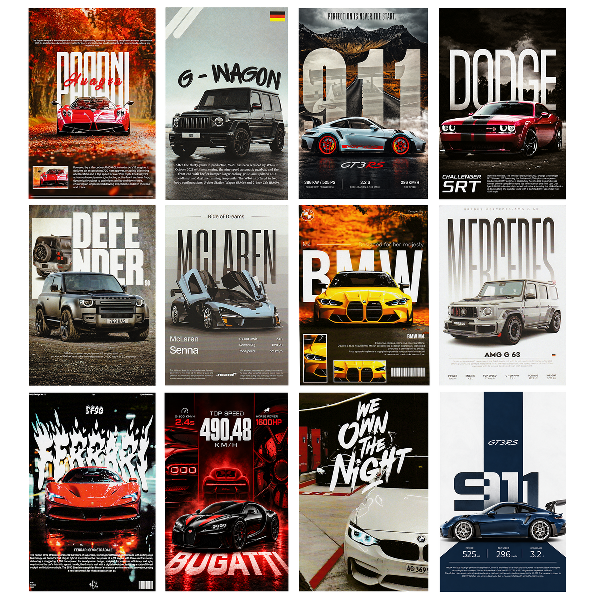 12 Pcs - Car Posters Bundle for Wall Decoration | 4 x 6 Inch Mini Car Prints - Assorted Cars 1