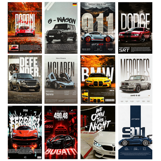 12 Pcs - Car Posters Bundle for Wall Decoration | 4 x 6 Inch Mini Car Prints - Assorted Cars 1